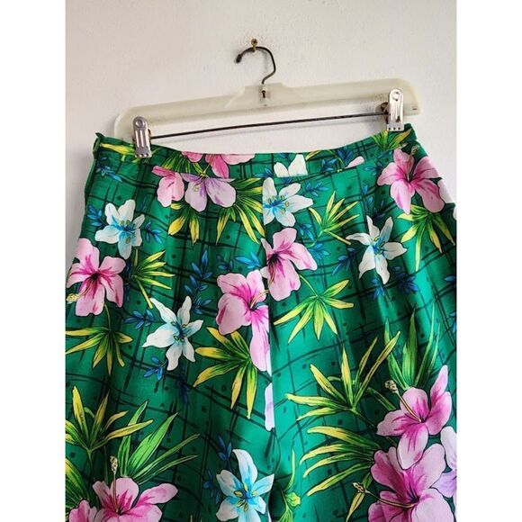 Anne Carson Women Green w/Multicolor Floral 100% Silk Trouser Pants size 8 - Picture 3 of 7